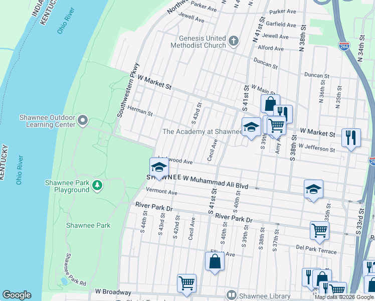 map of restaurants, bars, coffee shops, grocery stores, and more near 319 South 43rd Street in Louisville