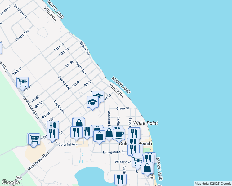 map of restaurants, bars, coffee shops, grocery stores, and more near 961 Bryant Avenue in Colonial Beach