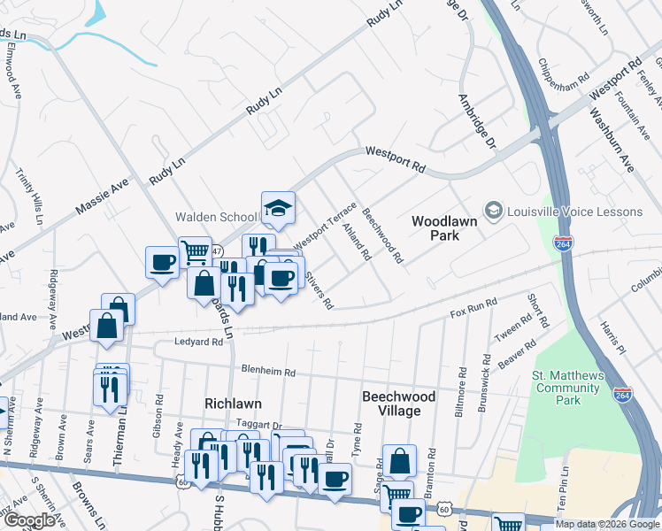map of restaurants, bars, coffee shops, grocery stores, and more near 4247 Middlebrook Road in Louisville