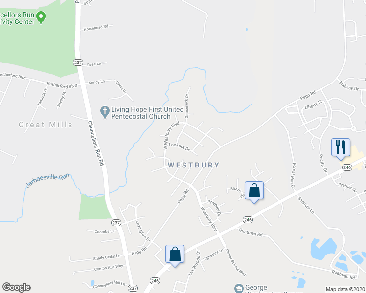 map of restaurants, bars, coffee shops, grocery stores, and more near 21395 Lookout Drive in Lexington Park