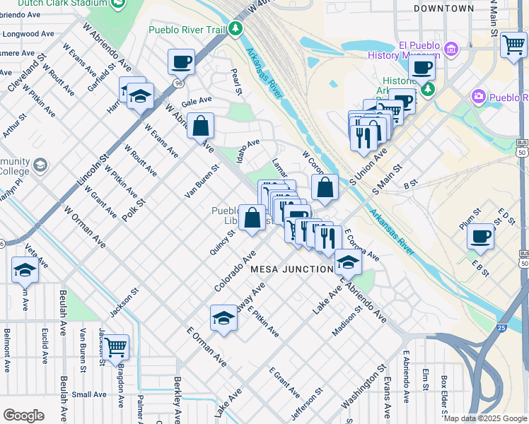 map of restaurants, bars, coffee shops, grocery stores, and more near 100 Lamar Avenue in Pueblo