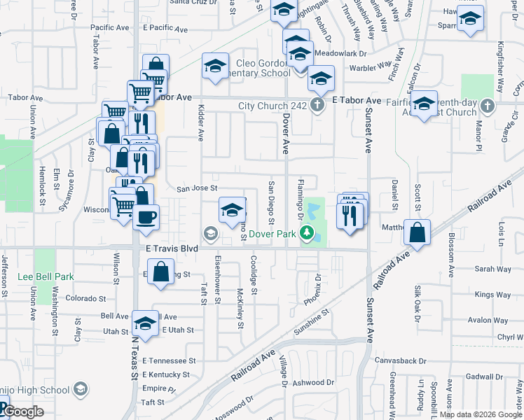 map of restaurants, bars, coffee shops, grocery stores, and more near 1700 San Carlos Street in Fairfield