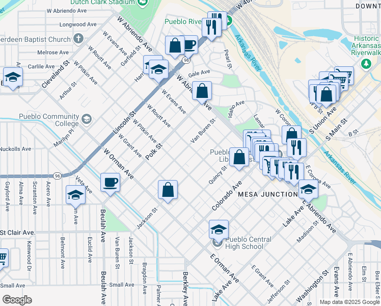 map of restaurants, bars, coffee shops, grocery stores, and more near 307 Van Buren Street in Pueblo