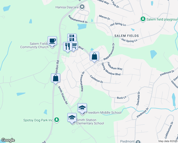 map of restaurants, bars, coffee shops, grocery stores, and more near 6911 Castleton Drive in Fredericksburg