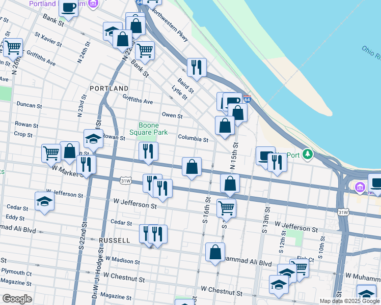 map of restaurants, bars, coffee shops, grocery stores, and more near 1633 Rowan Street in Louisville