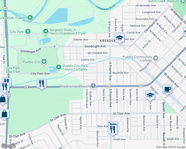 map of restaurants, bars, coffee shops, grocery stores, and more near 3012 Nuckolls Avenue in Pueblo