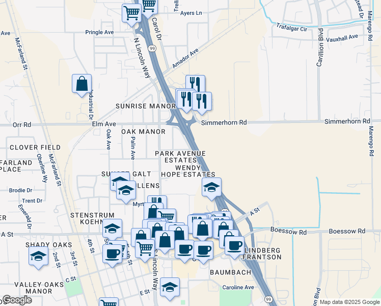 map of restaurants, bars, coffee shops, grocery stores, and more near 280 Camellia Way in Galt