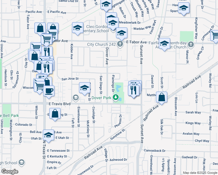 map of restaurants, bars, coffee shops, grocery stores, and more near 1660 Dover Avenue in Fairfield