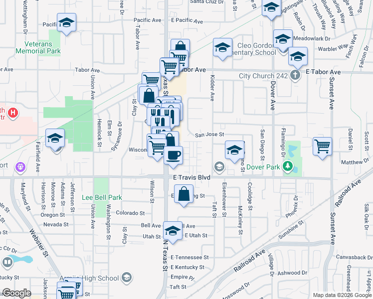 map of restaurants, bars, coffee shops, grocery stores, and more near 1667 Vicksburg Drive in Fairfield