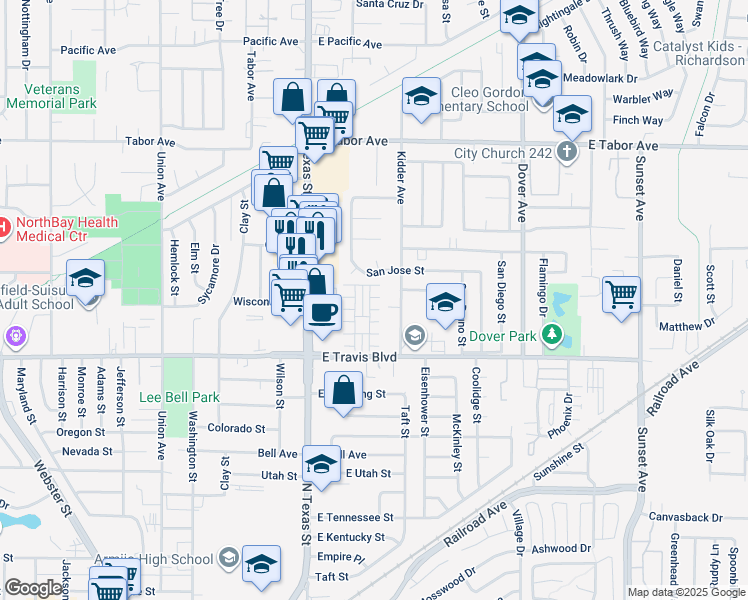map of restaurants, bars, coffee shops, grocery stores, and more near 1650 Glenmore Drive in Fairfield
