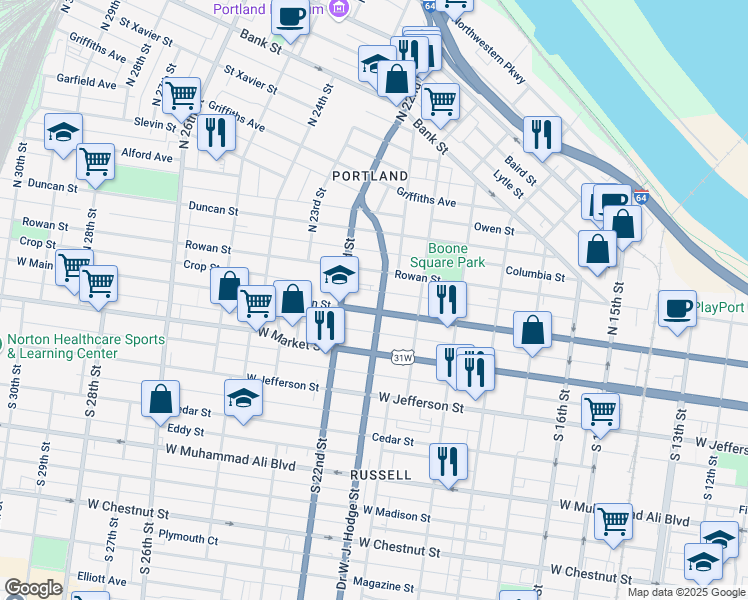 map of restaurants, bars, coffee shops, grocery stores, and more near 108 North 21st Street in Louisville
