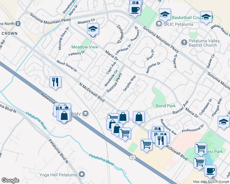 map of restaurants, bars, coffee shops, grocery stores, and more near 116 Marvin Court in Petaluma