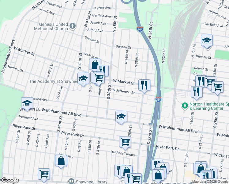 map of restaurants, bars, coffee shops, grocery stores, and more near 3611 West Jefferson Street in Louisville