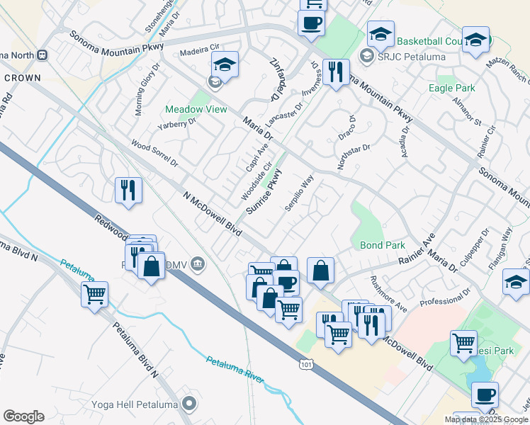 map of restaurants, bars, coffee shops, grocery stores, and more near 116 Marvin Court in Petaluma