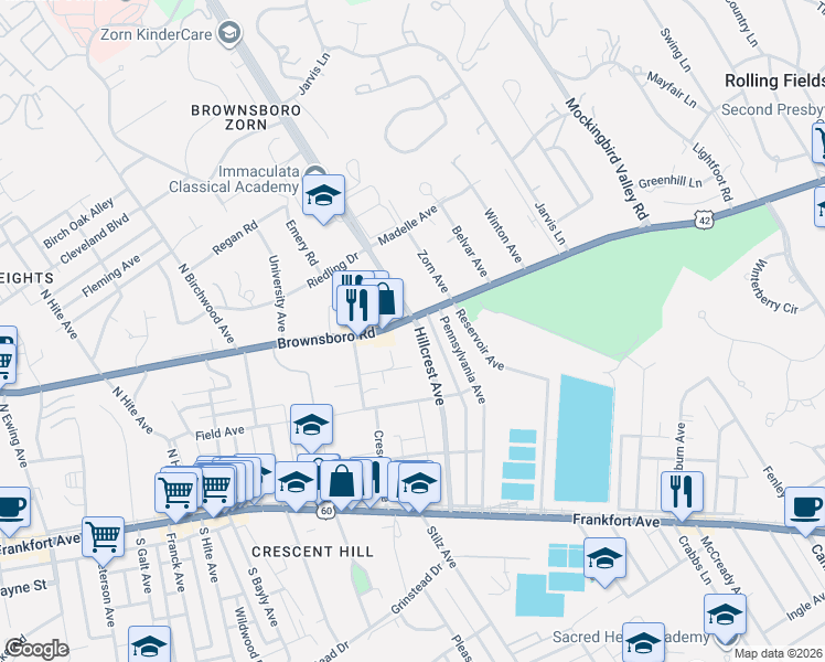 map of restaurants, bars, coffee shops, grocery stores, and more near in Louisville