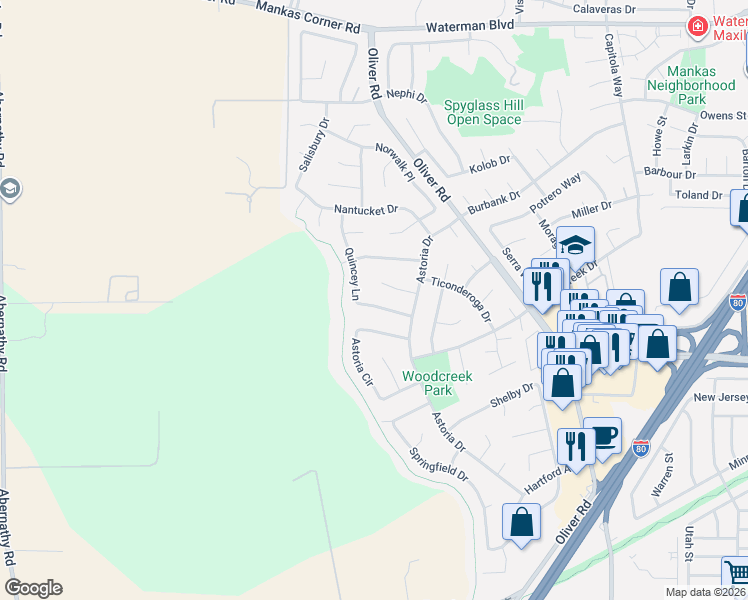 map of restaurants, bars, coffee shops, grocery stores, and more near 3438 Quincey Lane in Fairfield