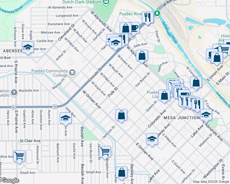 map of restaurants, bars, coffee shops, grocery stores, and more near 423 West Pitkin Avenue in Pueblo