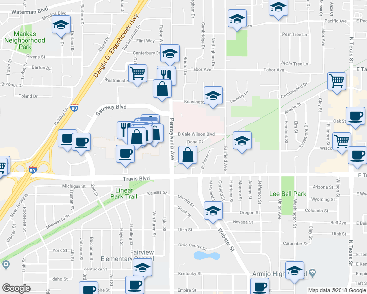 map of restaurants, bars, coffee shops, grocery stores, and more near 1234 Dana Drive in Fairfield