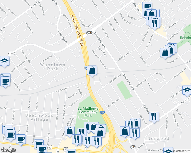 map of restaurants, bars, coffee shops, grocery stores, and more near 714 Marquette Drive in Louisville