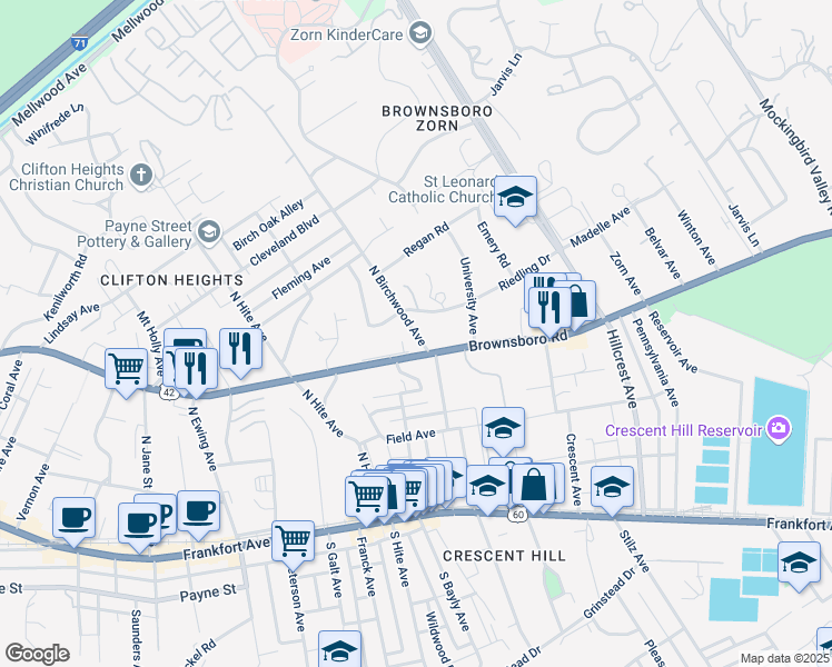 map of restaurants, bars, coffee shops, grocery stores, and more near 306 North Birchwood Avenue in Louisville