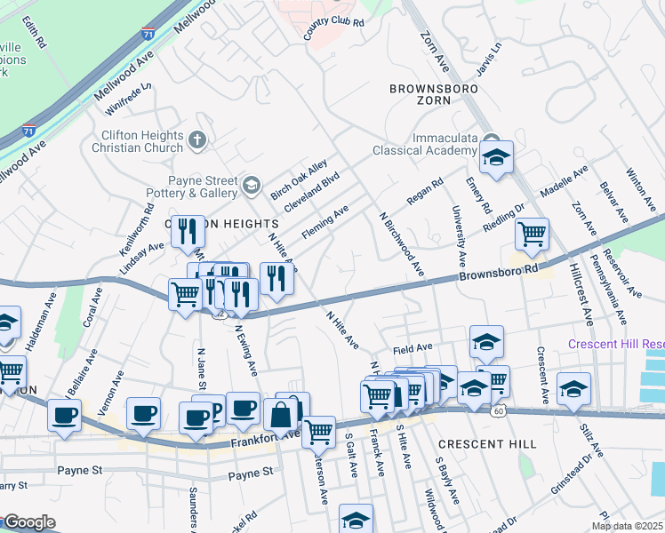 map of restaurants, bars, coffee shops, grocery stores, and more near 318 Ridgedale Road in Louisville