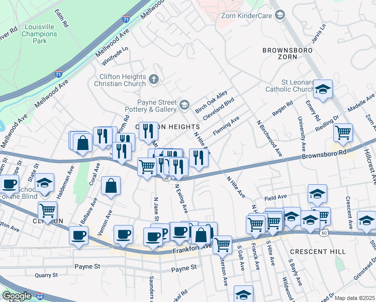 map of restaurants, bars, coffee shops, grocery stores, and more near 333 Idlewylde Drive in Louisville