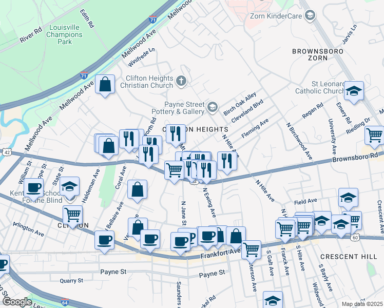 map of restaurants, bars, coffee shops, grocery stores, and more near 212 Nob Hill Lane in Louisville