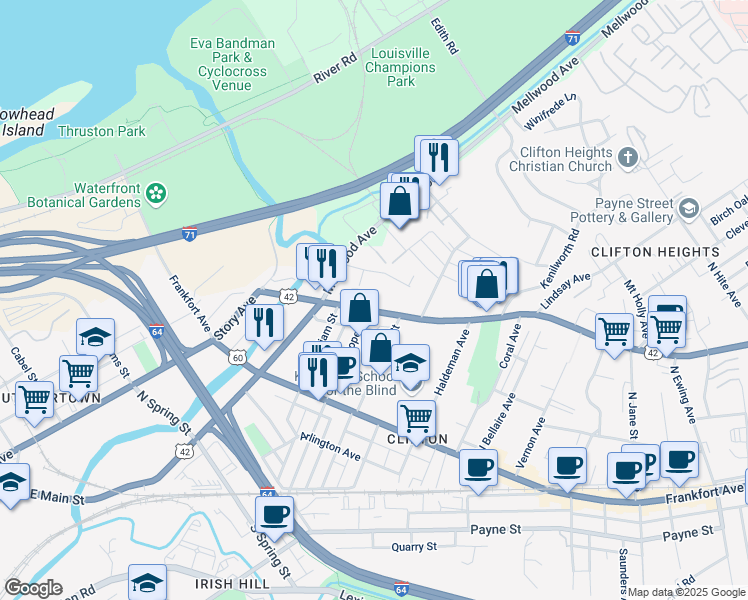 map of restaurants, bars, coffee shops, grocery stores, and more near 1924 Muncie Avenue in Louisville
