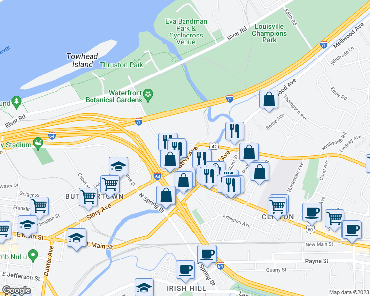 map of restaurants, bars, coffee shops, grocery stores, and more near 1635 Story Avenue in Louisville