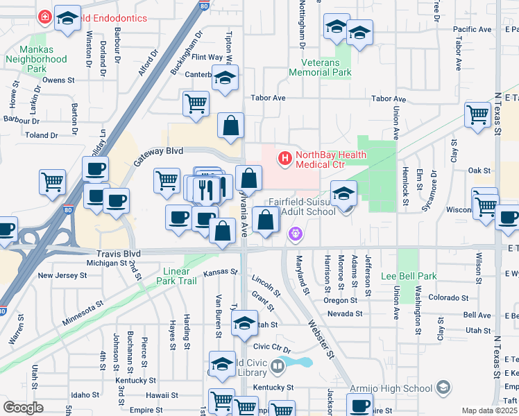 map of restaurants, bars, coffee shops, grocery stores, and more near 1224 Dana Drive in Fairfield