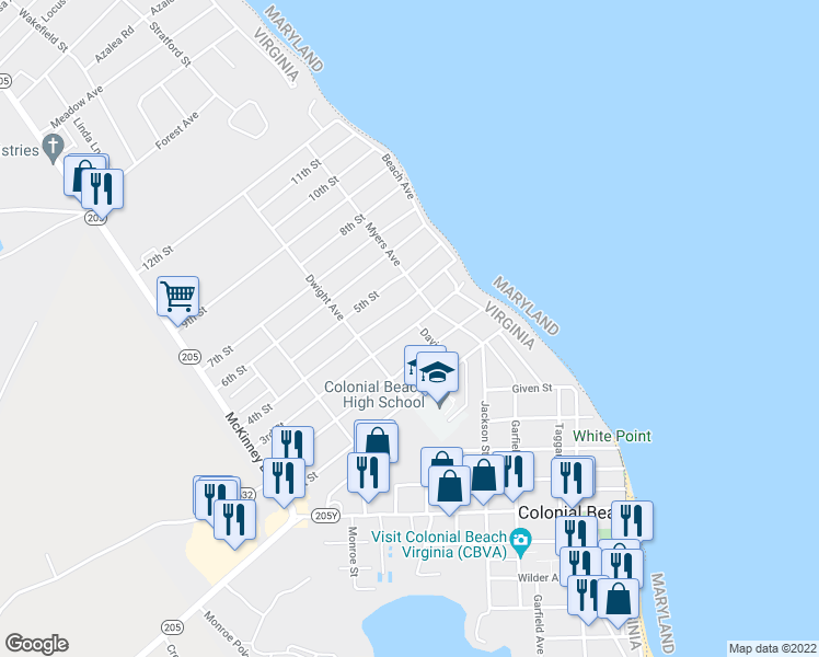 map of restaurants, bars, coffee shops, grocery stores, and more near 121 3rd Street in Colonial Beach