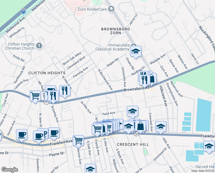 map of restaurants, bars, coffee shops, grocery stores, and more near 306 North Birchwood Avenue in Louisville