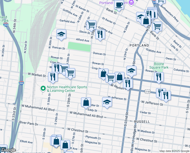 map of restaurants, bars, coffee shops, grocery stores, and more near 2522 West Main Street in Louisville