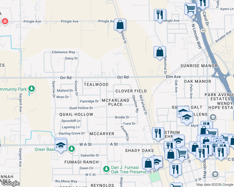 map of restaurants, bars, coffee shops, grocery stores, and more near 83 Rossi Drive in Galt