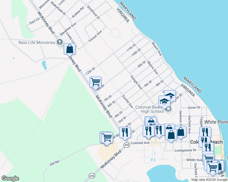 map of restaurants, bars, coffee shops, grocery stores, and more near 308 7th Street in Colonial Beach