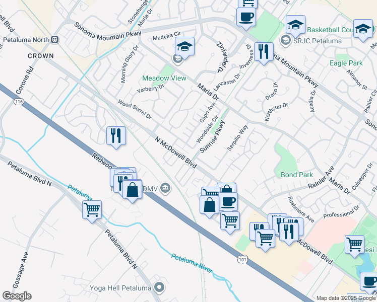 map of restaurants, bars, coffee shops, grocery stores, and more near 129 Hansen Way in Petaluma