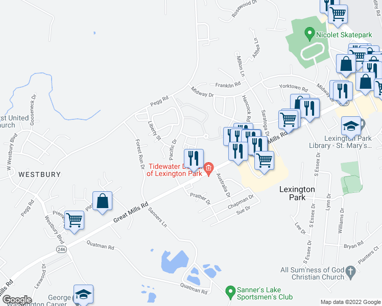 map of restaurants, bars, coffee shops, grocery stores, and more near 46357 Columbus Drive in Lexington Park