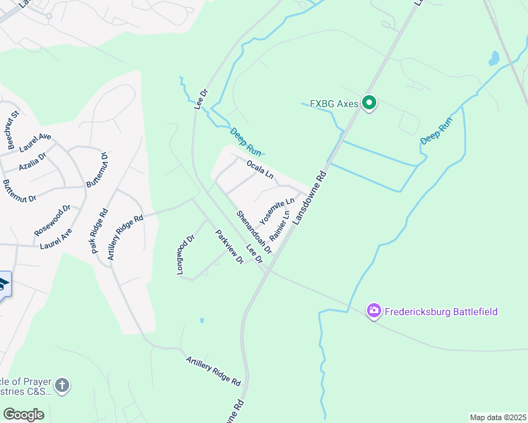 map of restaurants, bars, coffee shops, grocery stores, and more near 18 Yosemite Lane in Fredericksburg