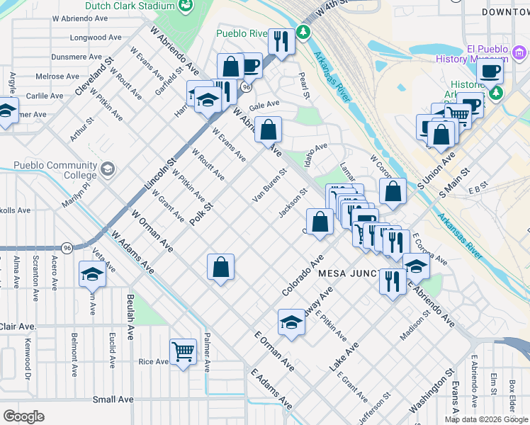 map of restaurants, bars, coffee shops, grocery stores, and more near 313 West Routt Avenue in Pueblo