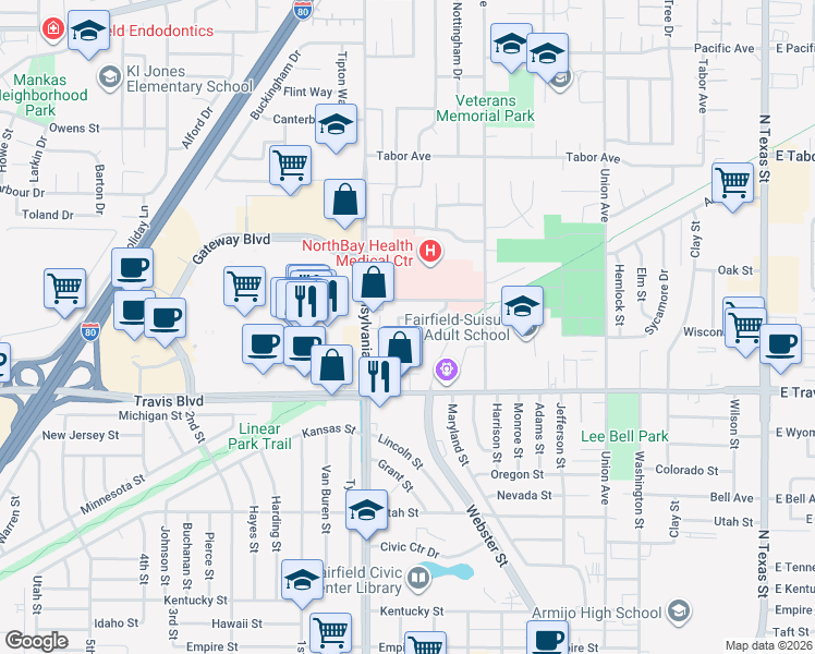 map of restaurants, bars, coffee shops, grocery stores, and more near 1234 Dana Drive in Fairfield