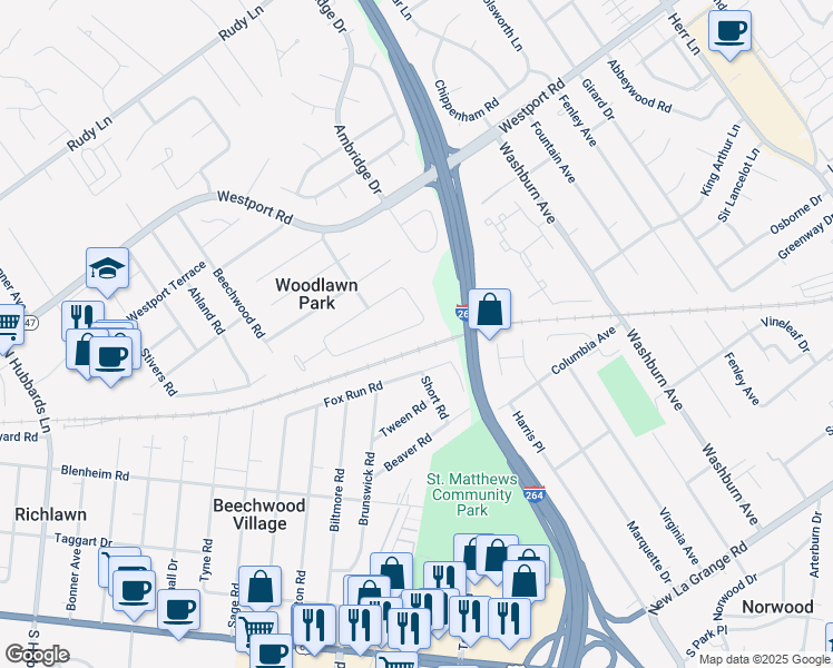 map of restaurants, bars, coffee shops, grocery stores, and more near 6838 Green Meadow Circle in Louisville