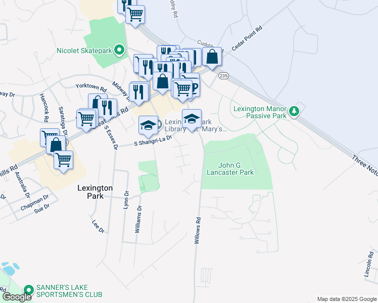 map of restaurants, bars, coffee shops, grocery stores, and more near 46868 Rogers Drive in Lexington Park