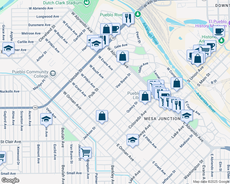 map of restaurants, bars, coffee shops, grocery stores, and more near 307 Van Buren Street in Pueblo