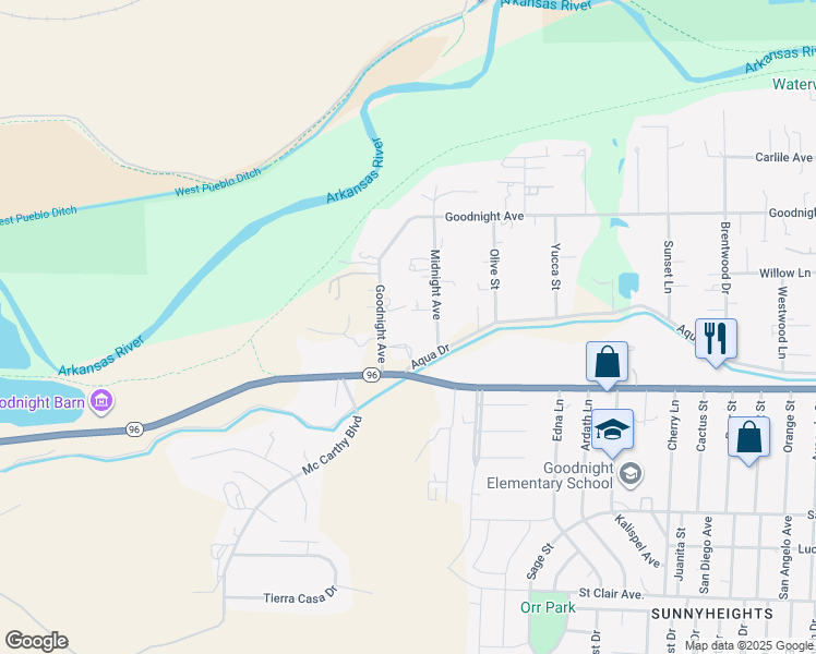 map of restaurants, bars, coffee shops, grocery stores, and more near 455 Midnight Avenue in Pueblo