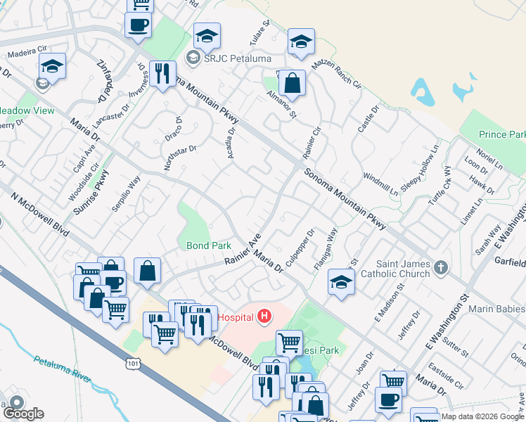 map of restaurants, bars, coffee shops, grocery stores, and more near 1632 Smokey Mountain Drive in Petaluma