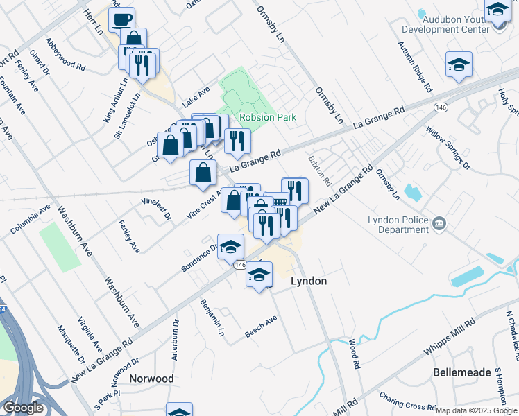 map of restaurants, bars, coffee shops, grocery stores, and more near 707 Lyndon Lane in Louisville