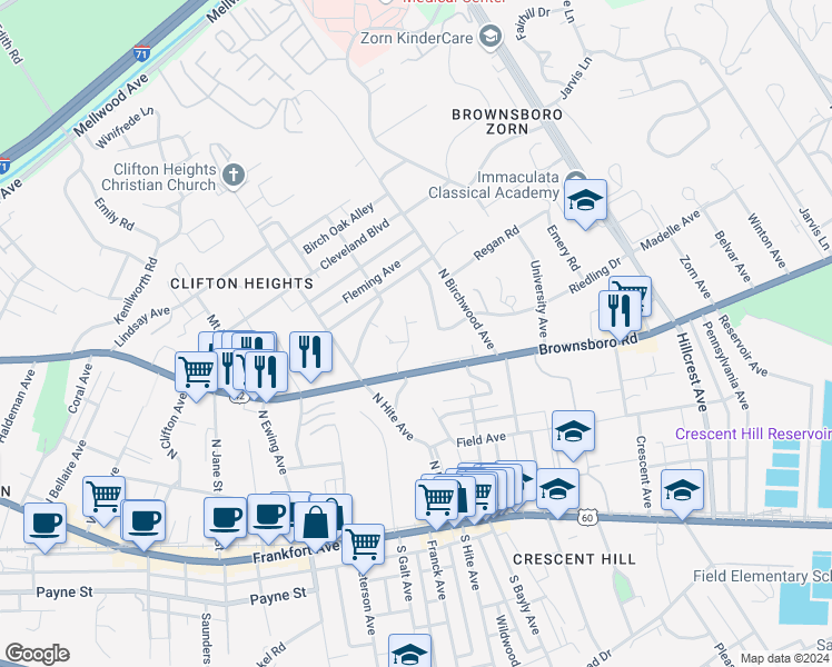 map of restaurants, bars, coffee shops, grocery stores, and more near 318 Ridgedale Road in Louisville
