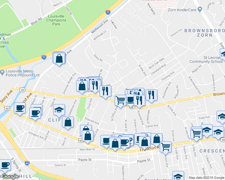 map of restaurants, bars, coffee shops, grocery stores, and more near 408 Lindsay Court in Louisville