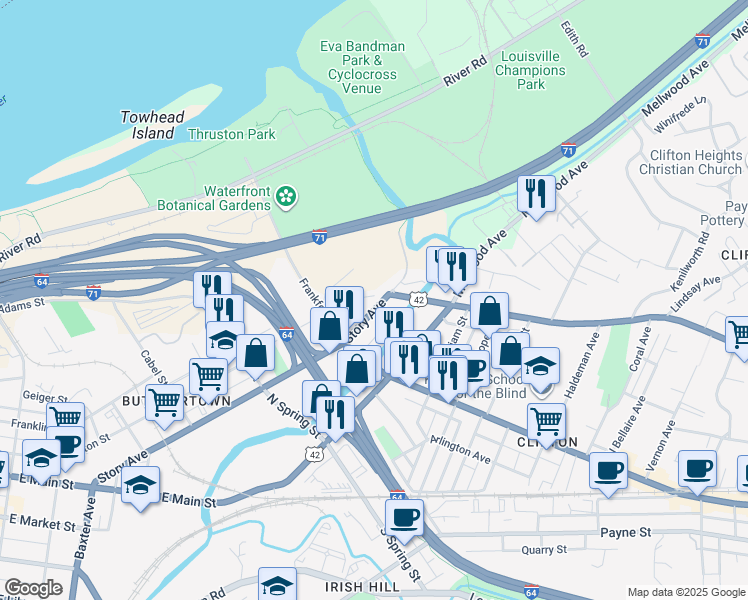 map of restaurants, bars, coffee shops, grocery stores, and more near 1635 Story Avenue in Louisville
