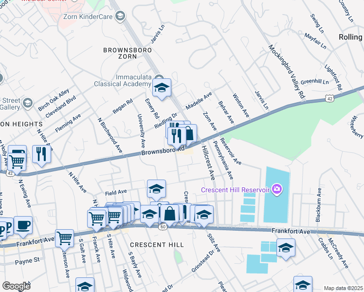 map of restaurants, bars, coffee shops, grocery stores, and more near 2915 Brownsboro Road in Louisville